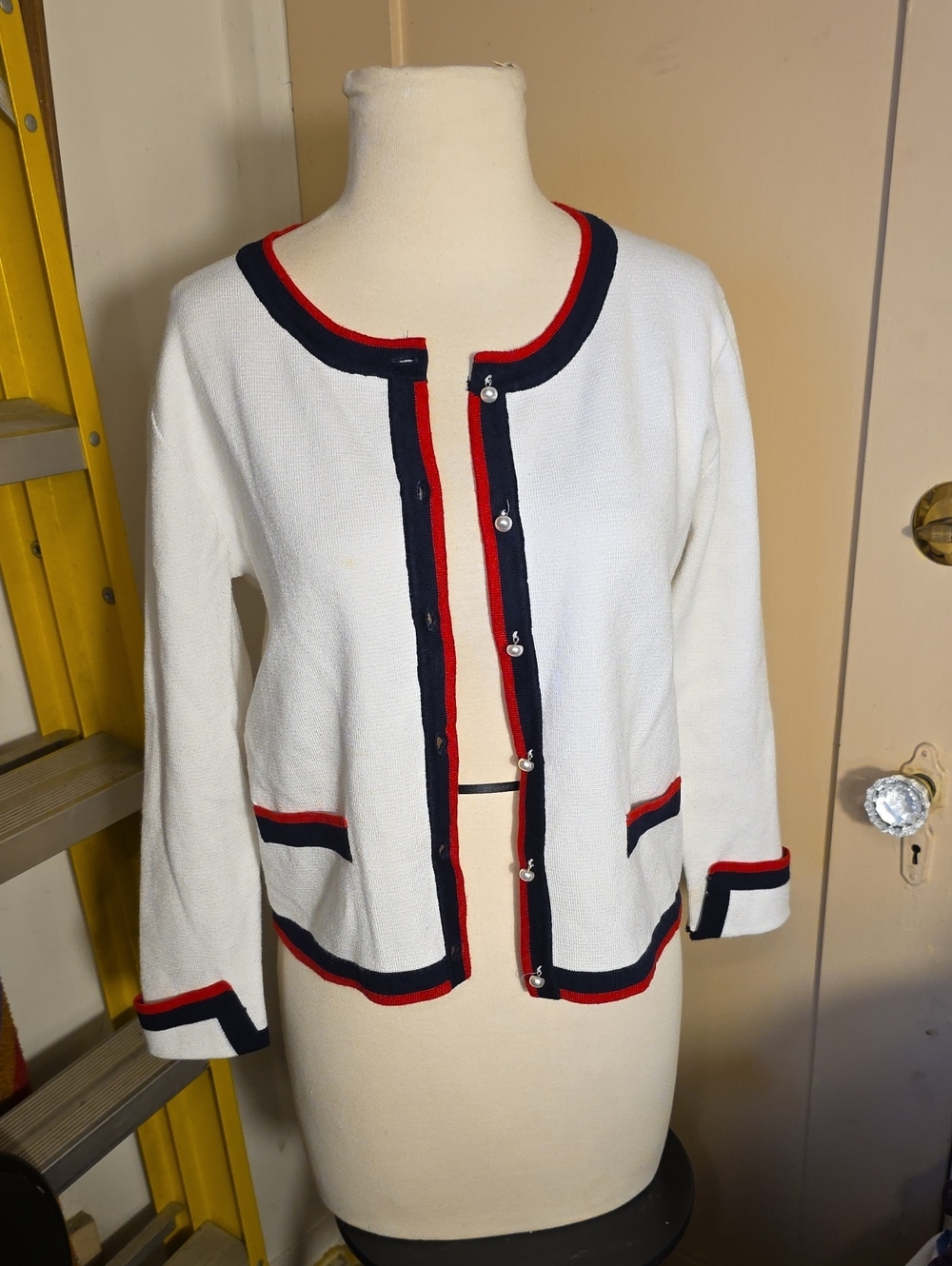 Source Unknown Cream Knit Jacket with Navy & Red Trim